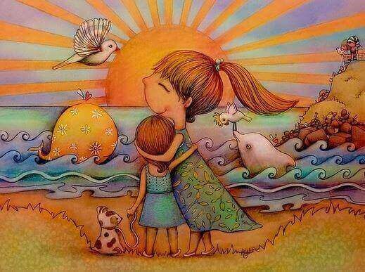 tekening moeder en kind knuffelen