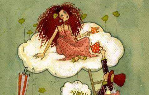 tekening van vrouw op een wolk