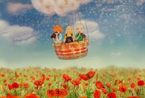 tekening van vrienden in luchtballon