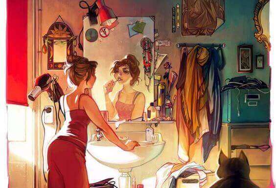 vrouw staat voor een spiegel