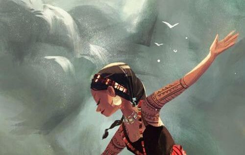 tekening vrouw in de wolken