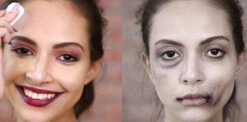 Signalen van misbruik bij vrouwen zoals het verhullen van blauwe plekken met make-up