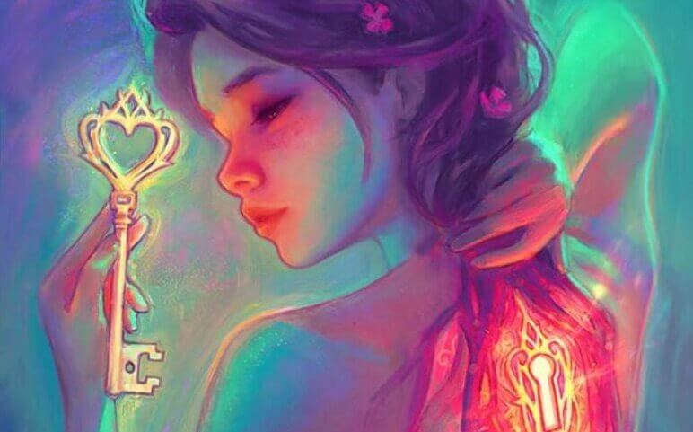 Tekening vrouw met slot op rug en sleutel