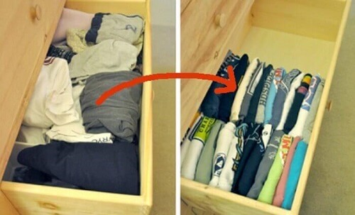 Rol de shirts op en rangschik ze verticaal