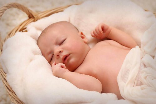 Baby die in mandje slaapt