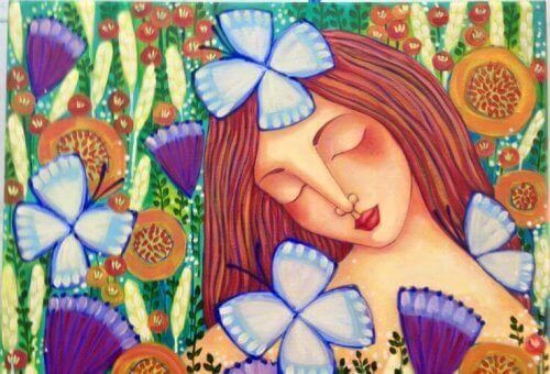 meisje met vlinders en bloemen