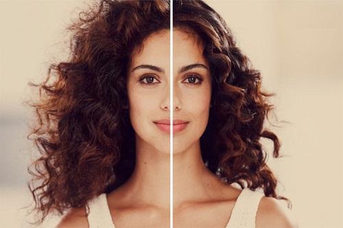 Voor en na foto van vrouw met pluizend haar