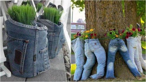 Bloempotten om een spijkerbroek te recyclen
