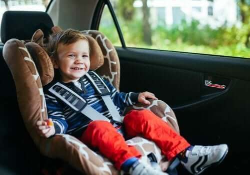 Blij kind in een autozitje