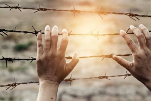 Handen tegen het prikkeldraad