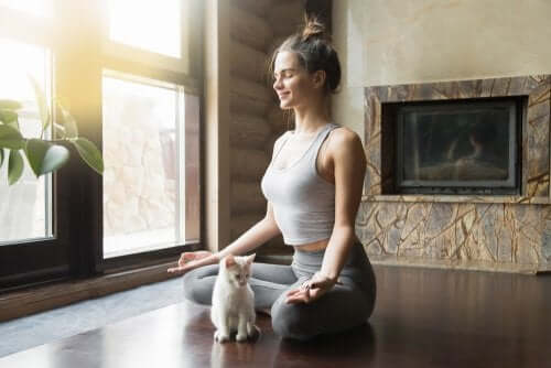 Een vrouw zit in een yogahouding met een kat