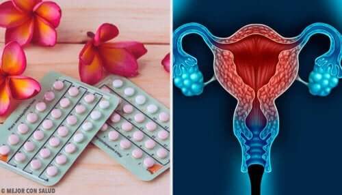 Een afbeelding van de pil en een illustratie van de vrouwelijke reproductieorganen