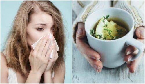 Een vrouw hoest met daarnaast een kop citroenthee