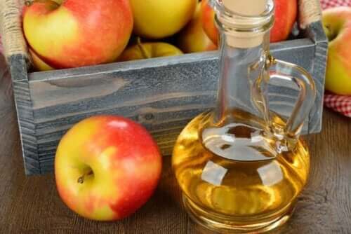 Een fles appelazijn en appels
