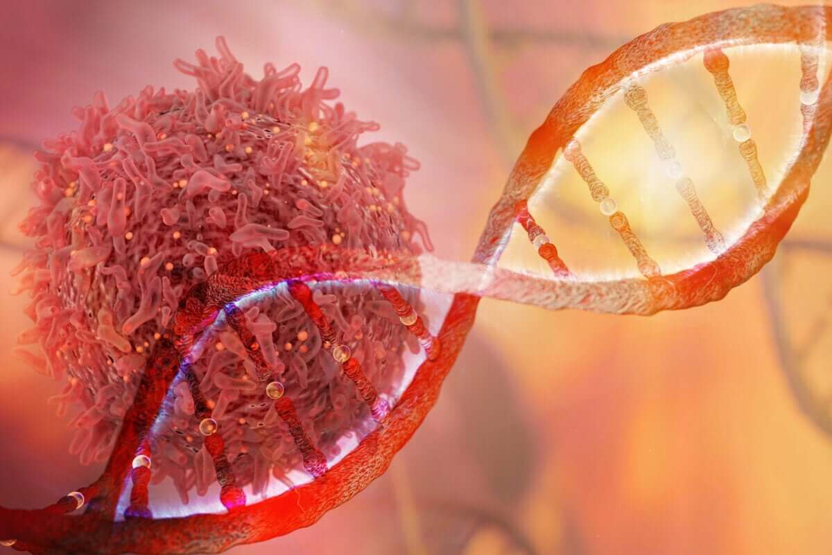 Een DNA-streng en een kankercel