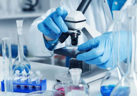Een wetenschapper die een biopt bekijkt onder een microscoop