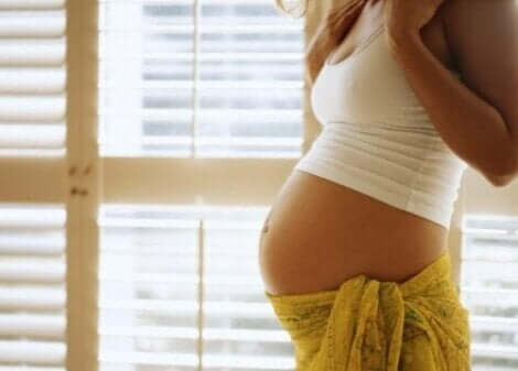 Een zwangere vrouw staat bij een raam haar buik te bekijken