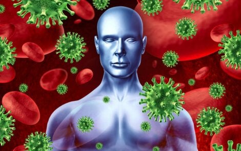 Een tekening van een persoon met bloedcellen en virussen om hem heen