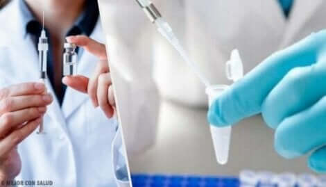 Een afbeelding van een injectienaald met een middel, en een onderzoekslaboratorium