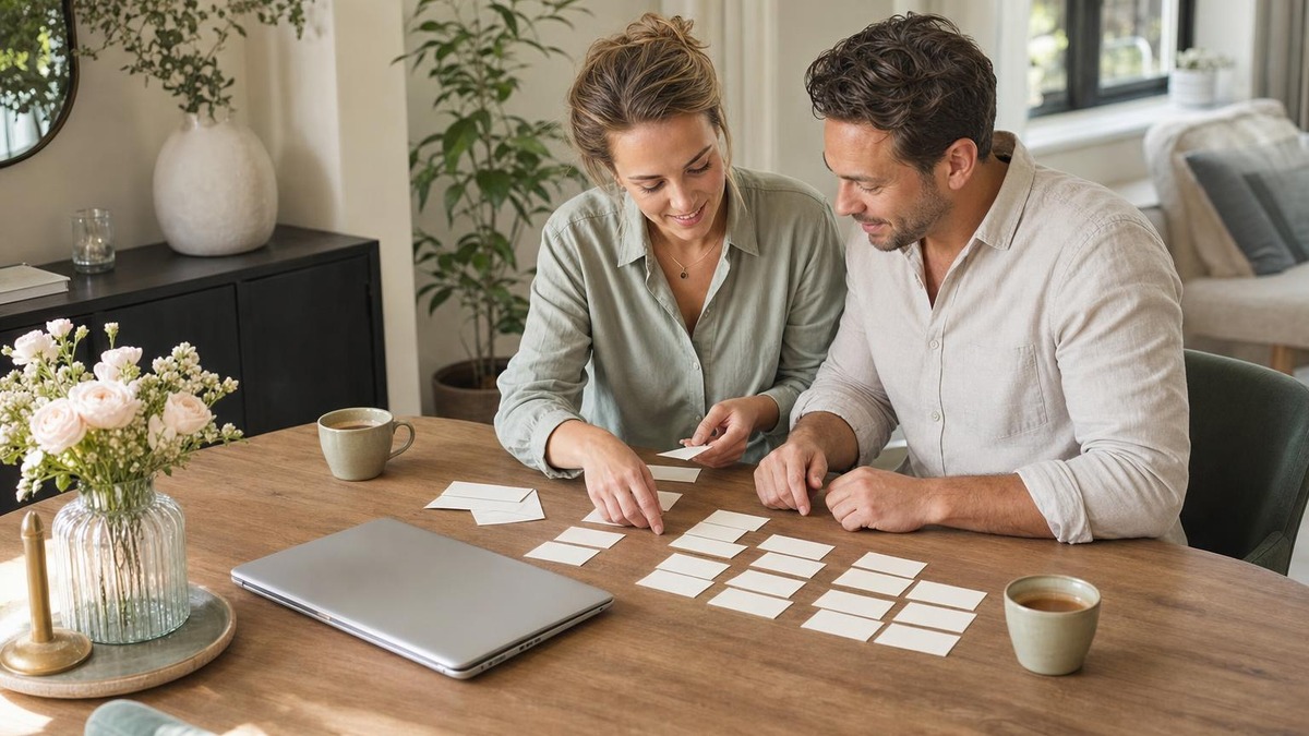 Verloofd stel sorteert samen kaartjes voor de gastenlijst aan de eettafel